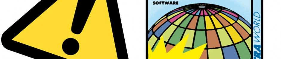 Caja de software timo y signo de advertencia