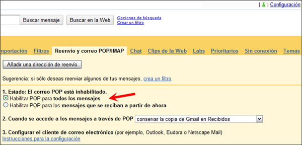Habilitar POP en GMail