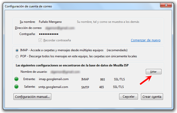 Editar configuración de GMail para POP en Thunderbird