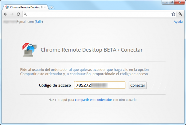 Código pegado en Chrome Remote Desktop
