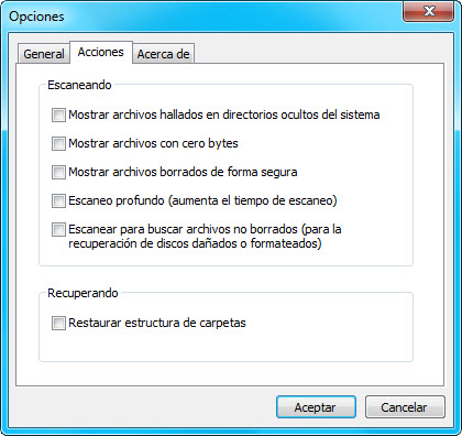 Opciones de Recuva
