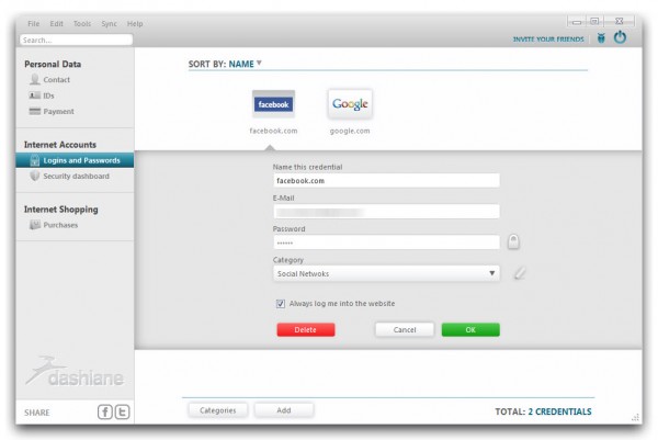 Perfil de datos de acceso en Dashlane
