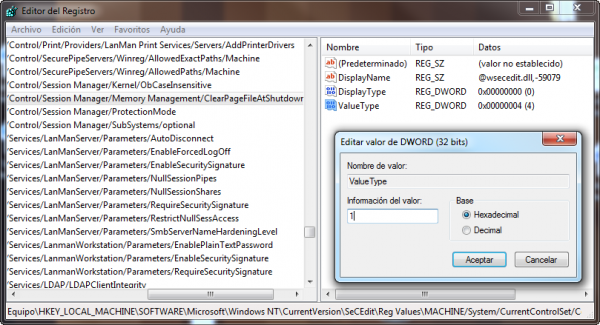 Clave de Registro para el borrado de Pagefile.sys al apagar