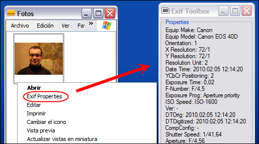 Metadatos EXIF de una foto en formato JPG