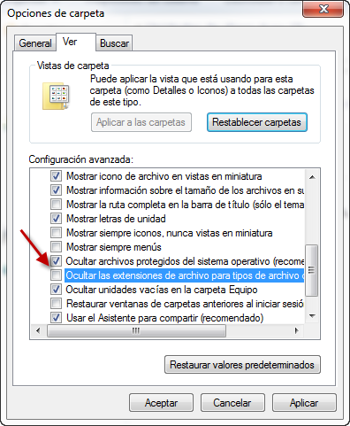 Ocultar extensiones de archivos de tipo conocido