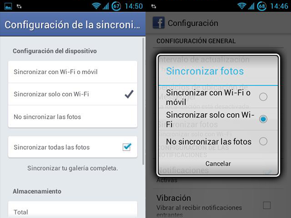 opciones de sincronizacion