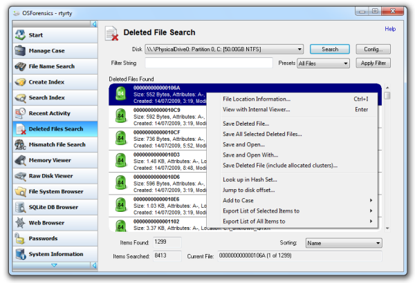 Búsqueda y recuperación de archivos borrados con OSForensics
