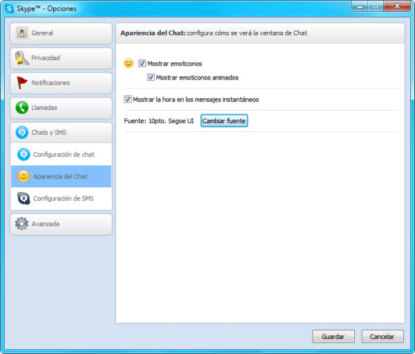 Opciones de Skype