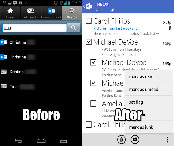 El antes y el después de Outlook.com en Android