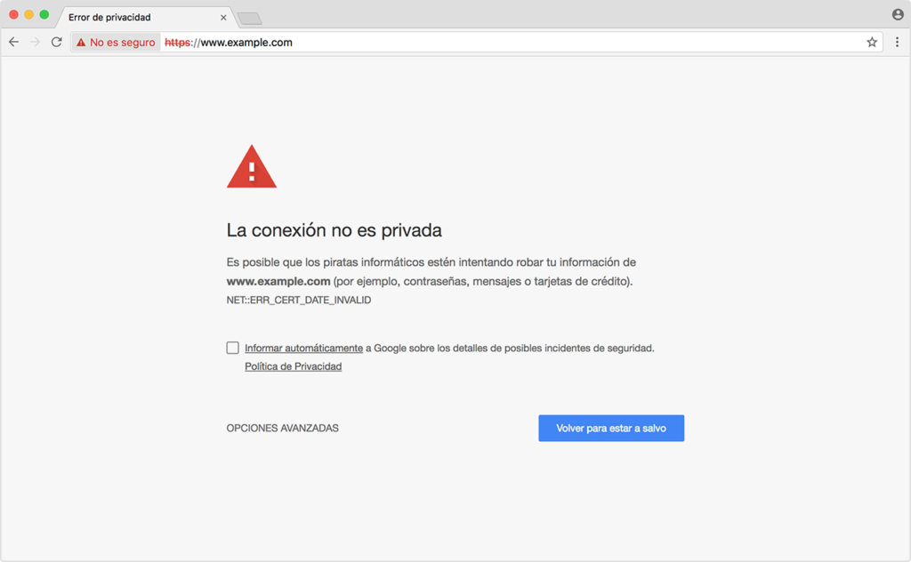 sitio web no seguro chrome