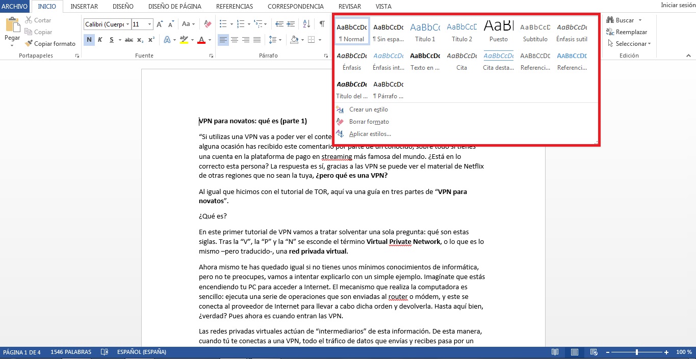 aplicar estilos en word