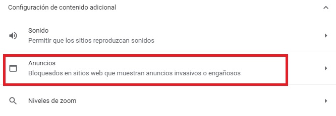 Menú de Anuncios en Google Chrome