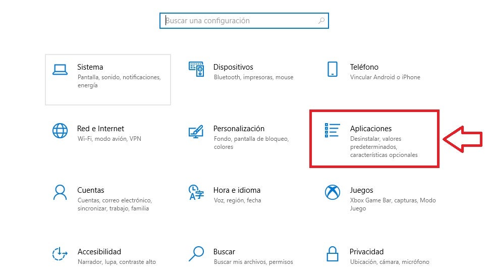 Menú de configuración de Windows 10