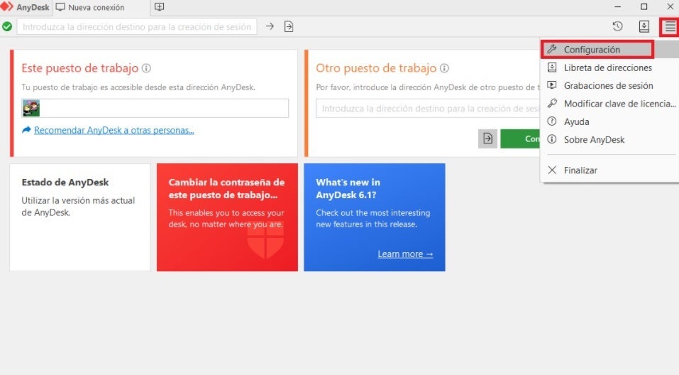 Interfaz de AnyDesk