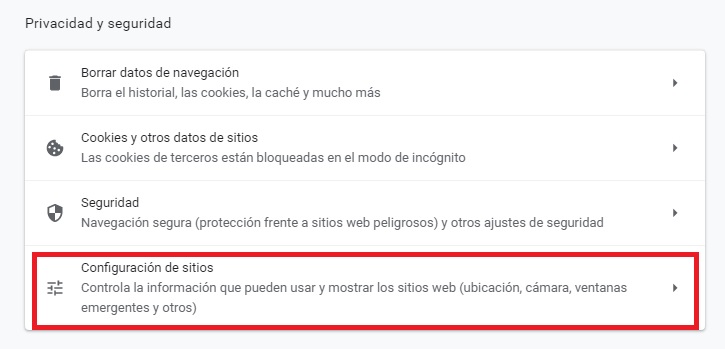 Configuración de sitios en Chrome