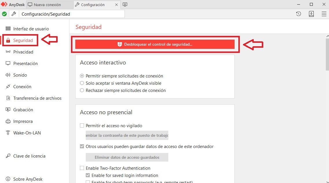 Menú de seguridad de AnyDesk