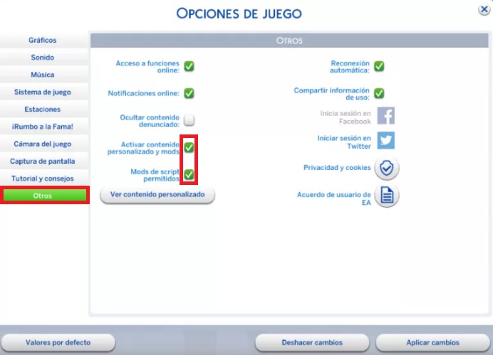 Opciones para activar mods en Los Sims 4