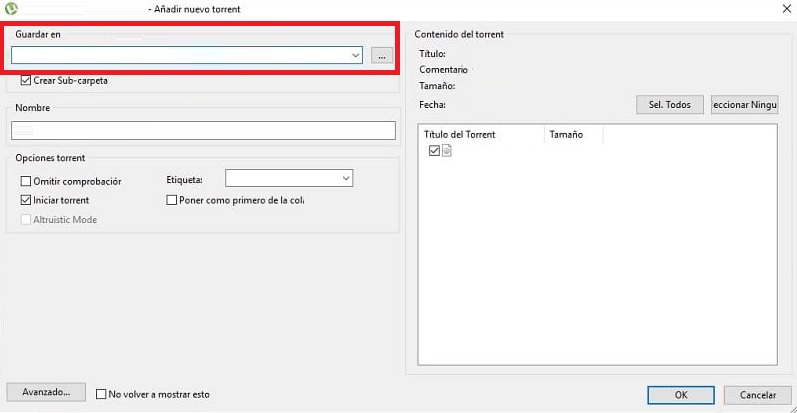 Destino de la descarga en uTorrent