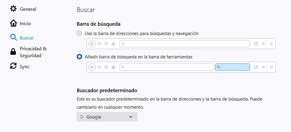 Menú de búsqueda en Firefox