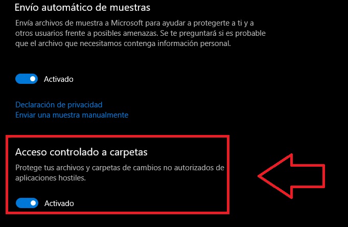 Activar el acceso controlado a carpetas