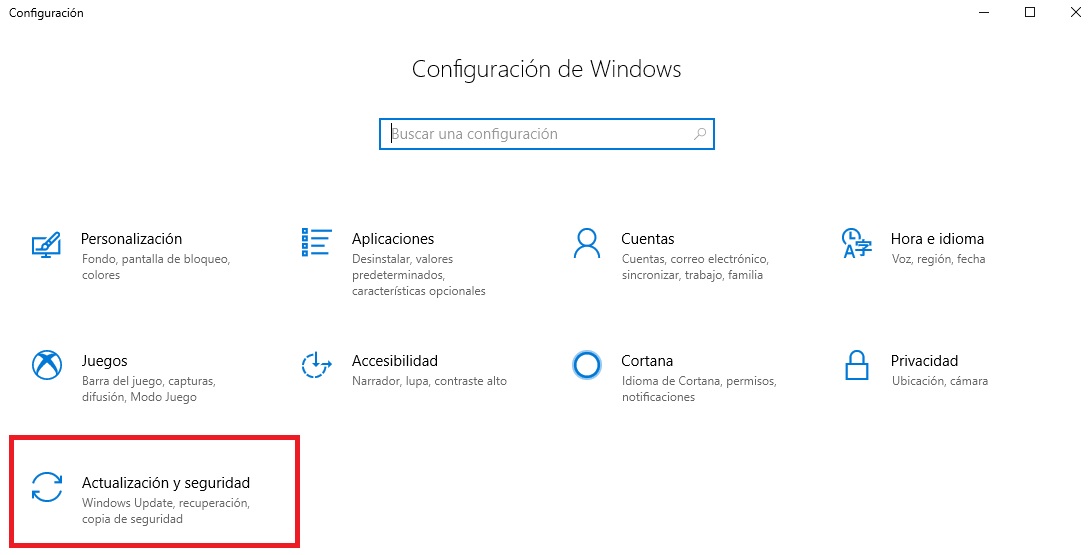Menú de Configuración de Windows 10