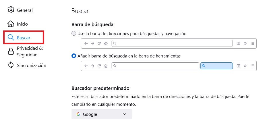 Opciones de búsqueda en Firefox
