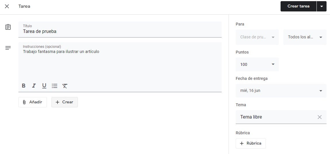Configuración de tareas en Classroom