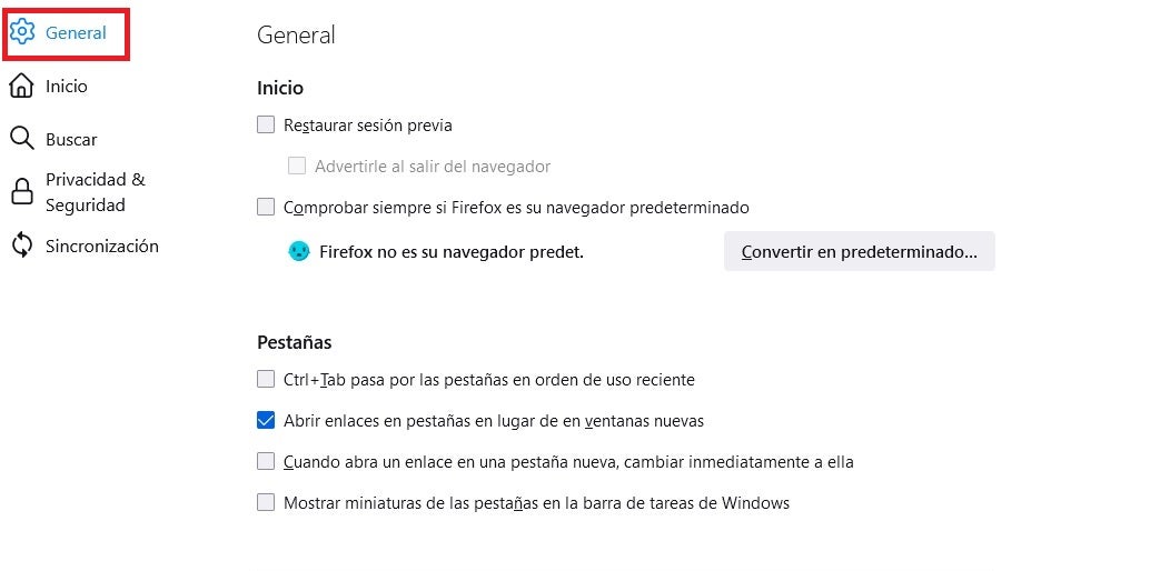 Opciones generales de Firefox