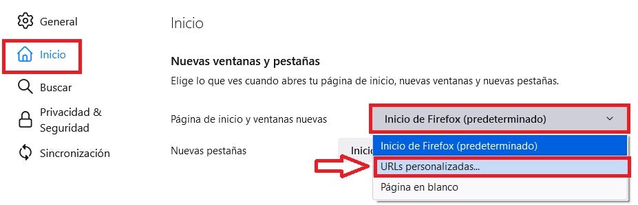 Elegir página de inicio en Firefox