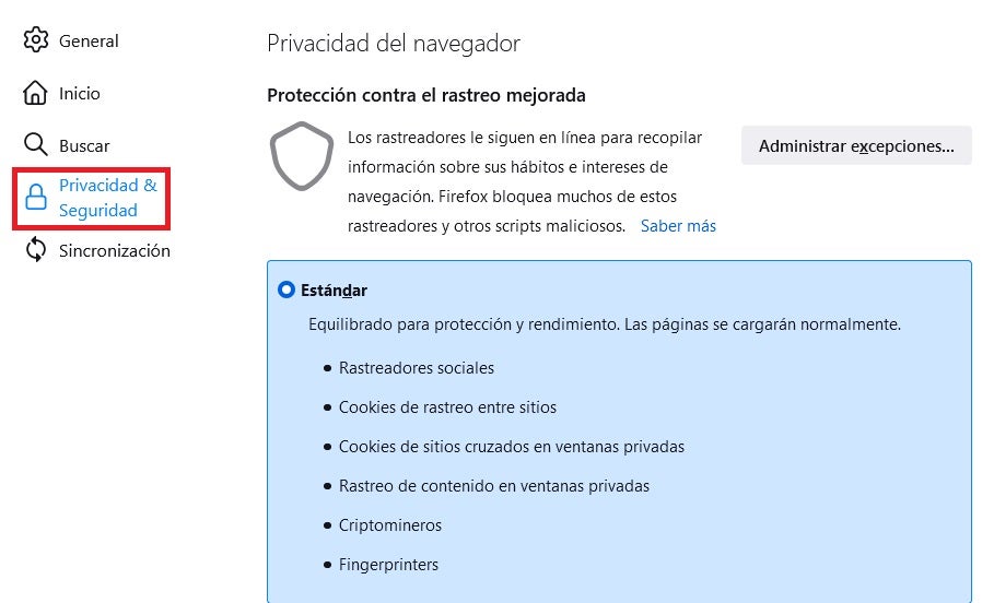 Opciones de privacidad de Firefox