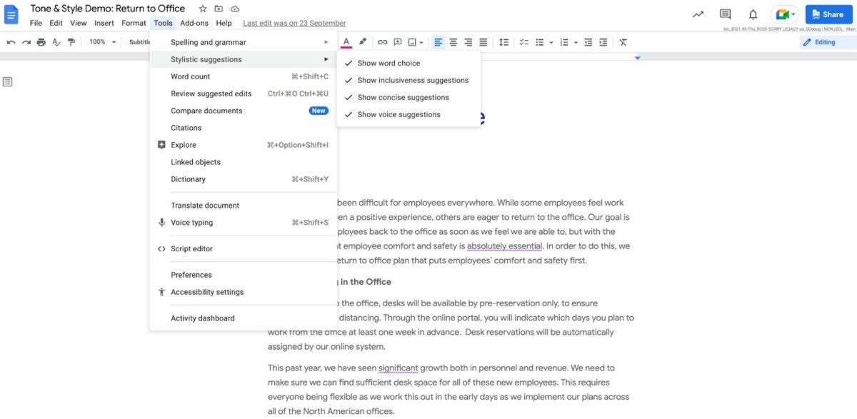 Google Docs marcará en morado las sugerencias de escritura