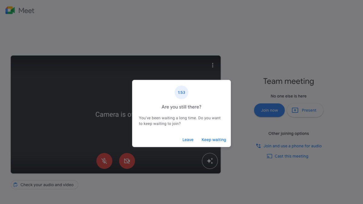 Google Meet te eliminará automáticamente si eres el único miembro dentro de una reunión
