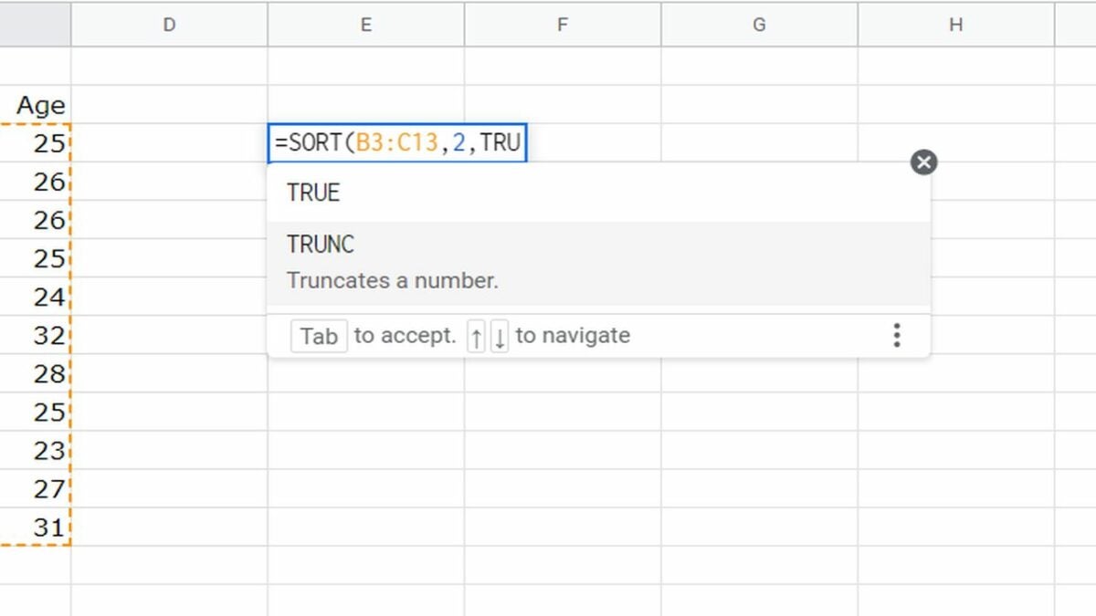 Example formula for Google Sheets