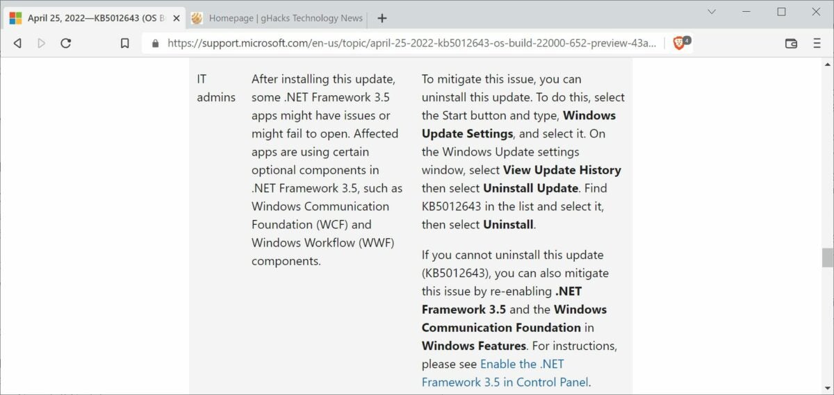 KB5012643 para Windows 11 puede colgar algunas aplicaciones .Net