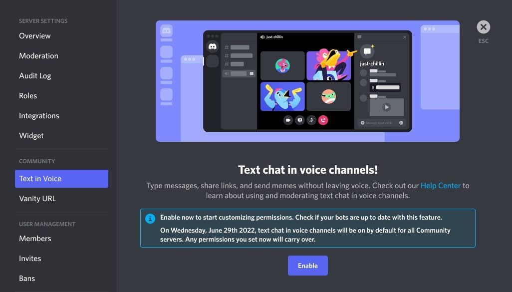 Discord permite mensajes de texto en los canales por voz