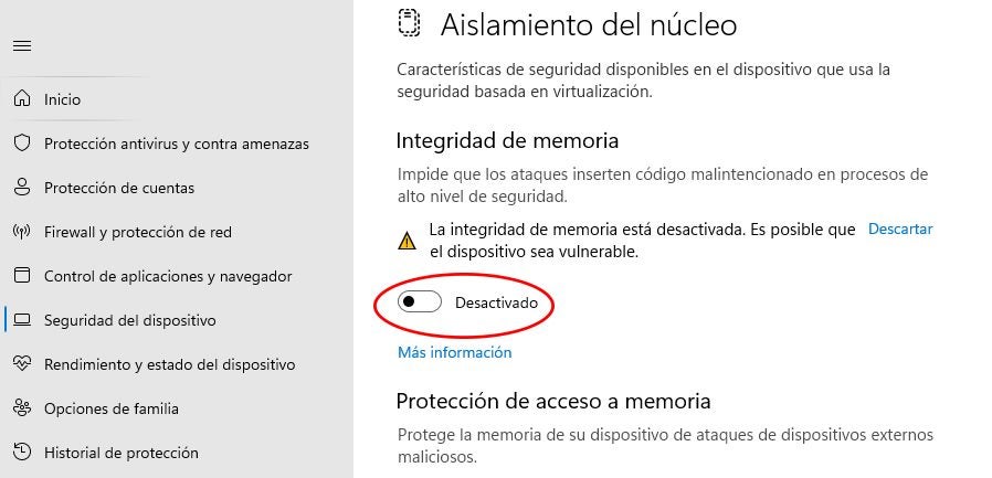 Aislamiento núcleo videojuegos WIndows 11