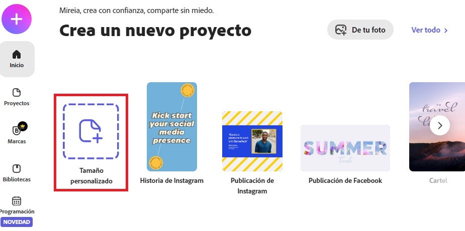 Nuevo proyecto Adobe Express