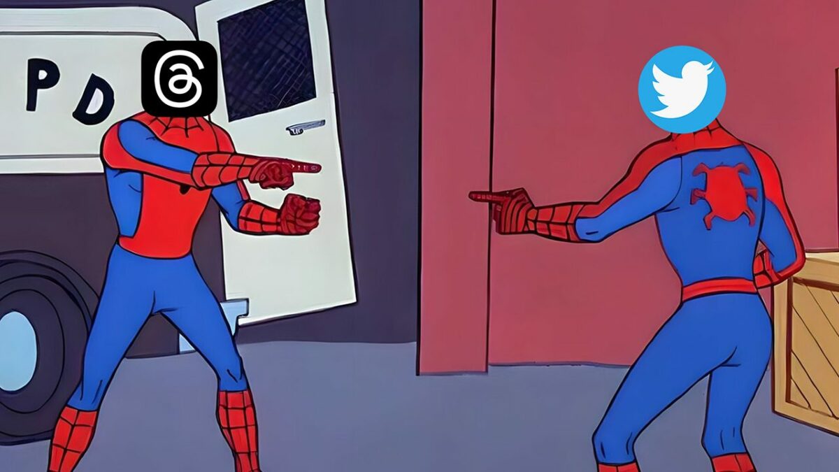 Meme de los dos Spider-Man señalándose mutuamente, pero con los logos de Threads y Twitter