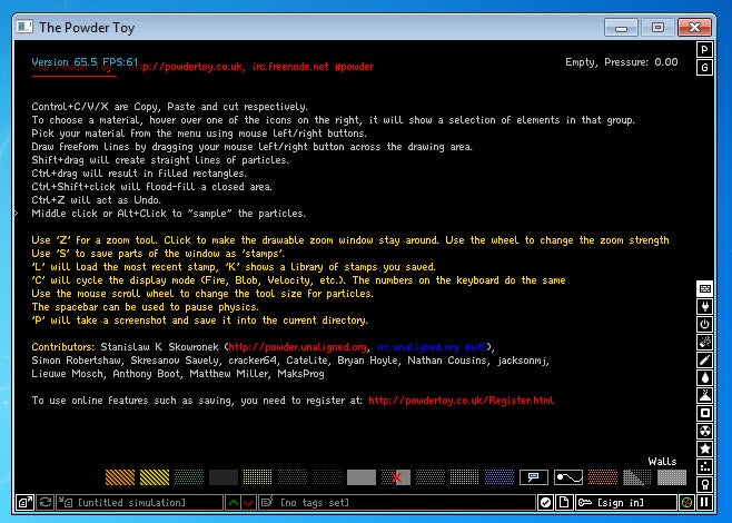The Powder Toy welcome screen