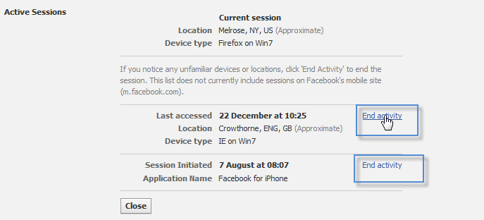 Close active sessions in Facebook