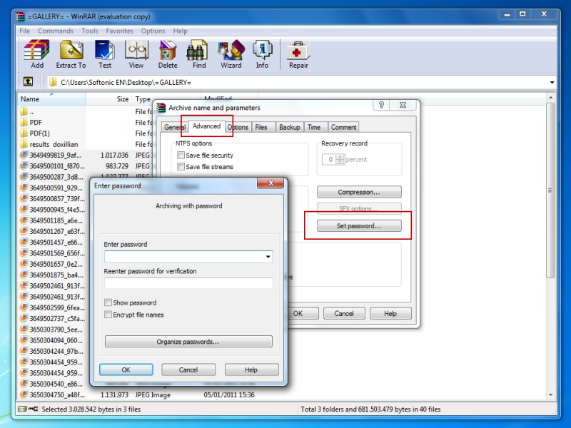 Setting a password with Winrar