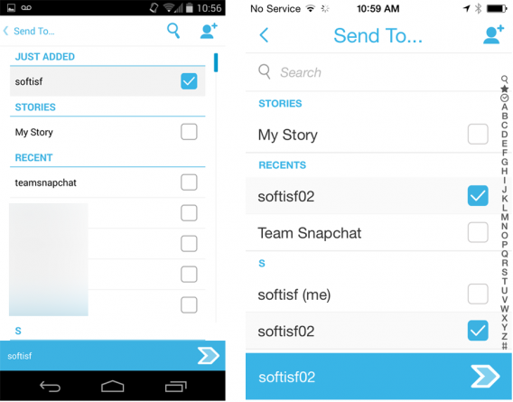 Snapchat Android iOS send to