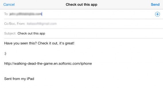 Send an email to share apps with friends