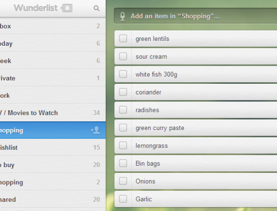 A shopping list in Wunderlist