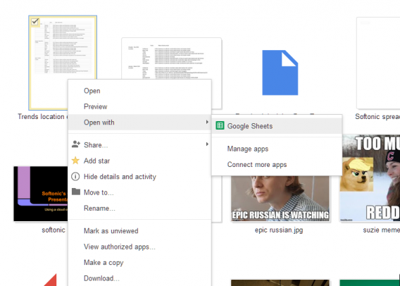 Google Drive open with Sheets