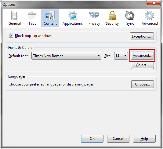 firefox options content advanced