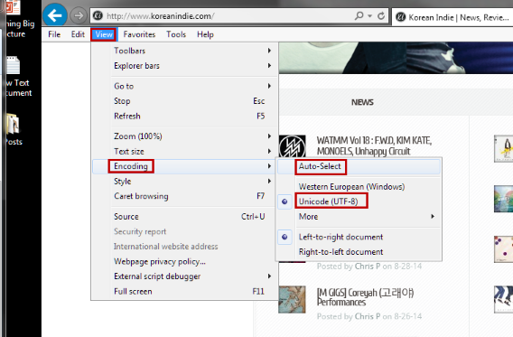 internet explorer menu bar view encoding auto select