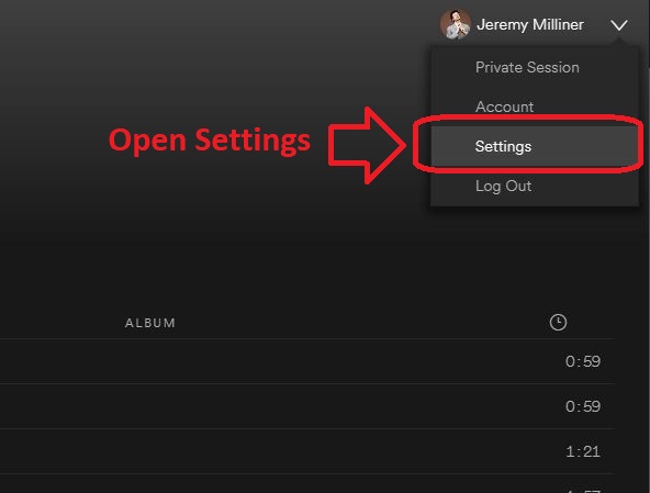 Spotify Settings drop-down