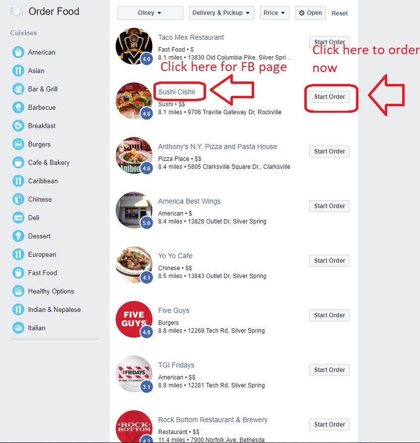 Facebook food options