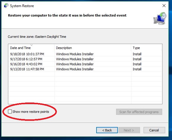 Check this box for more restore points